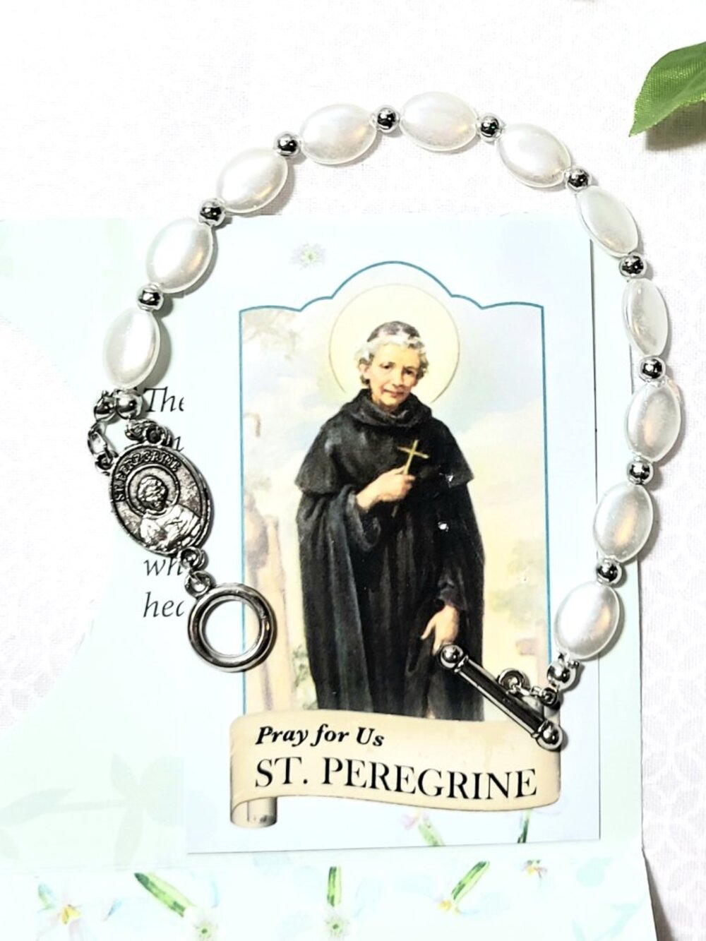 †St.Peregrine Good Health Saint Anthony Prayer Pearlized Beaded Toggle Bracelet
